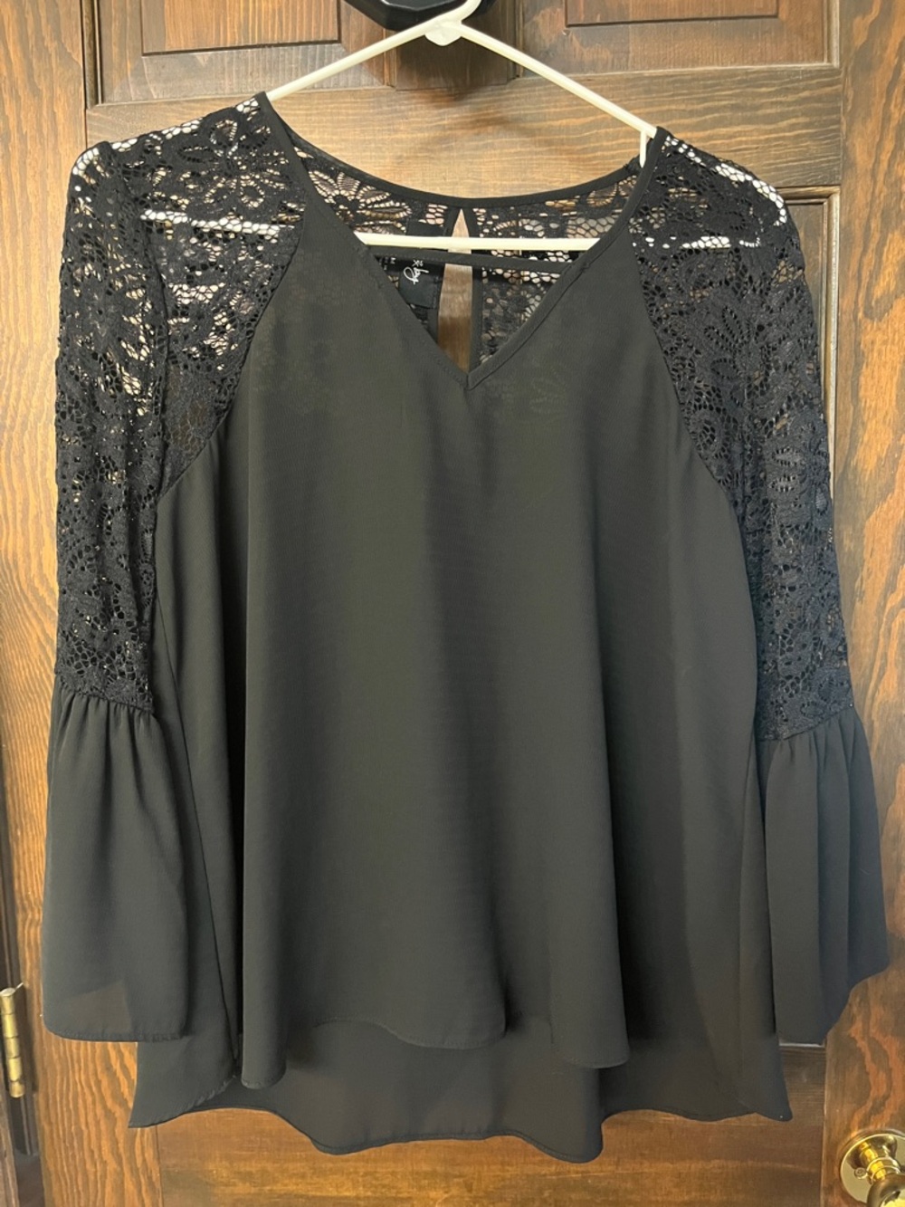 Black Lace Accent V-Neck Women's Top